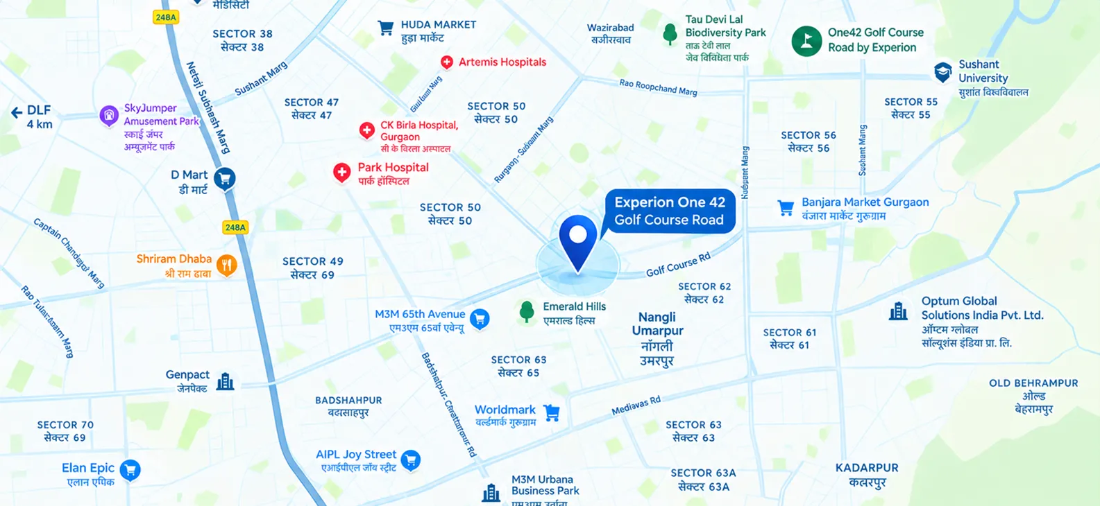 Experion One 42 location map on Golf Course Road, Gurgaon, with nearby hospitals, schools, malls and business parks marked