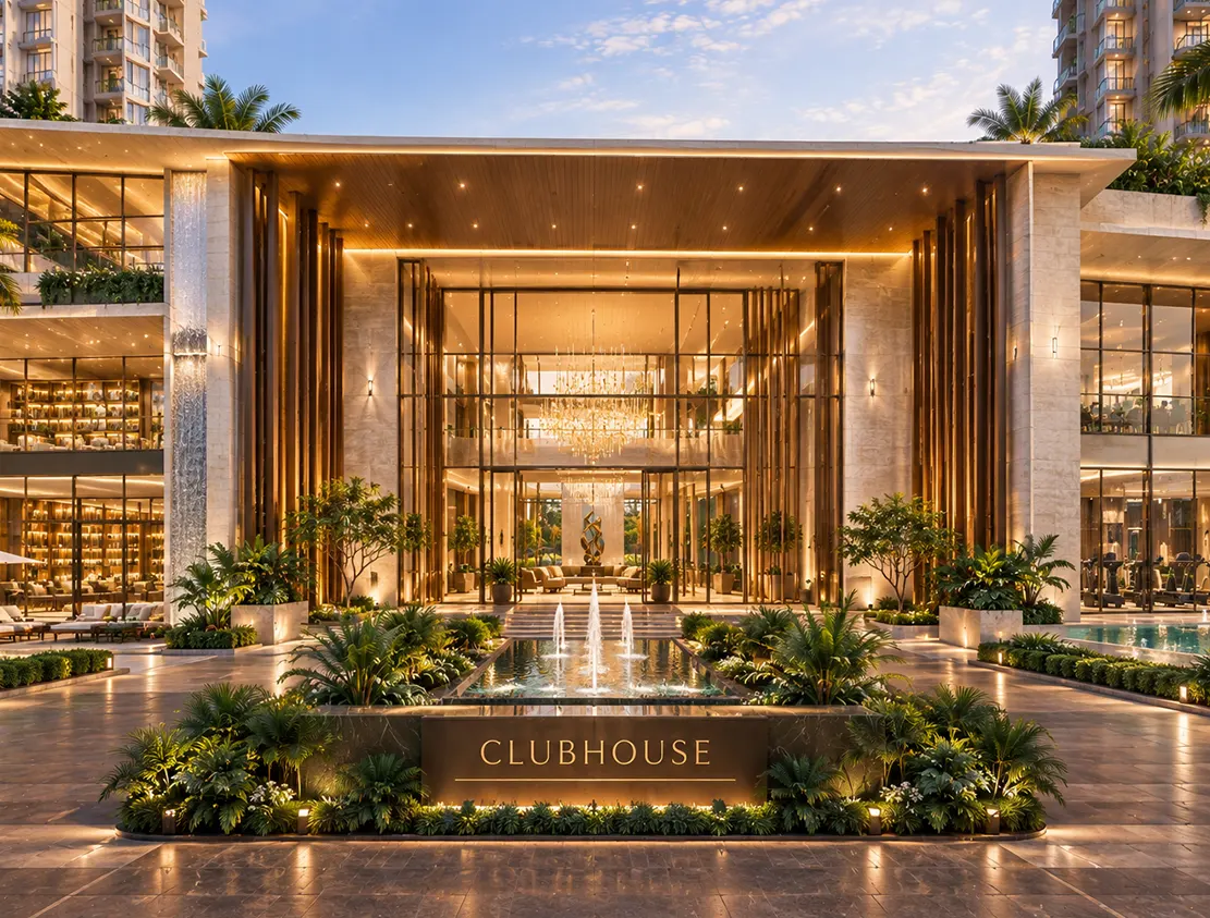 Illuminated clubhouse entrance at Experion One 42 with a water feature, tall glazing and the pool alongside