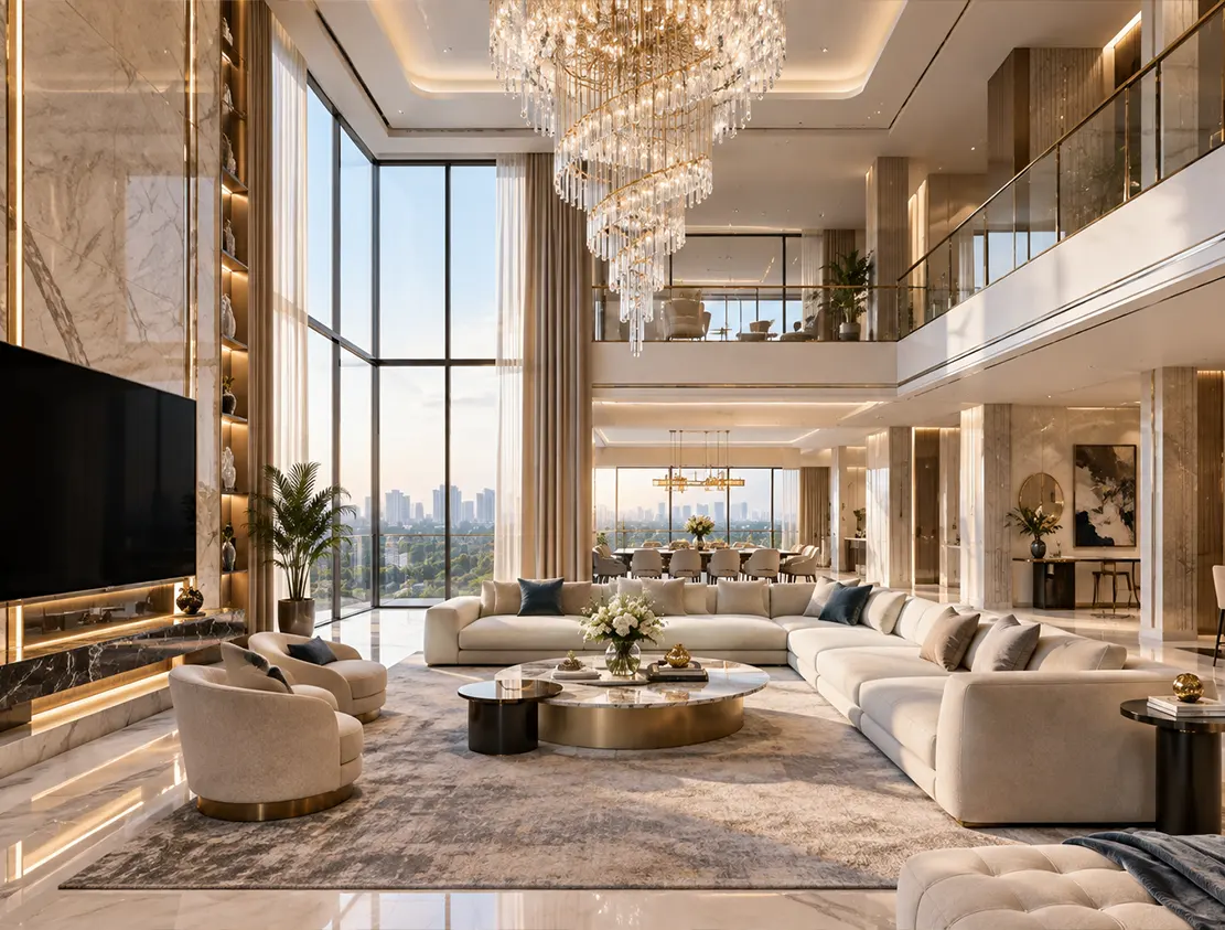 Double-height living room in an Experion One 42 apartment with full-height glazing, a crystal chandelier and city views