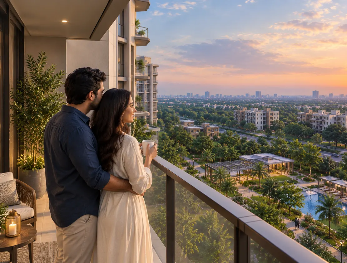 Couple on a private apartment balcony at Experion One 42 overlooking landscaped grounds and the Gurgaon skyline at sunset