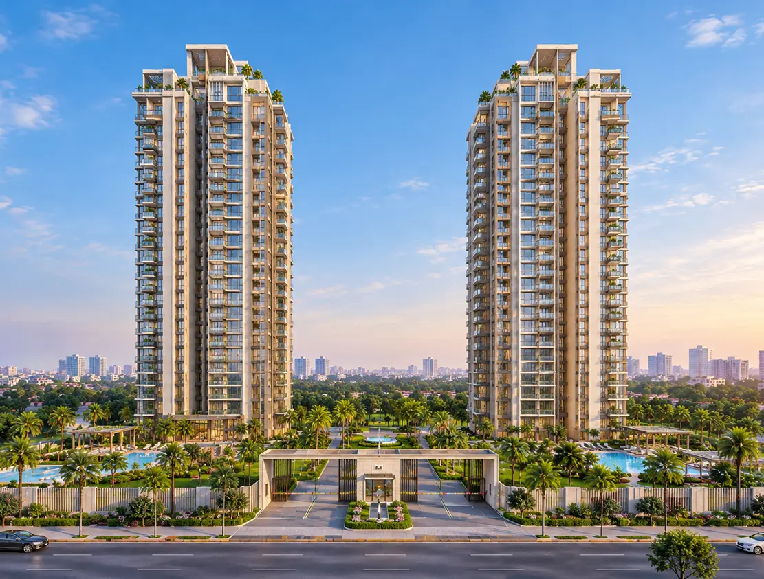 The two residential towers of Experion One 42 at dusk with the gated entrance between them, seen from Golf Course Road