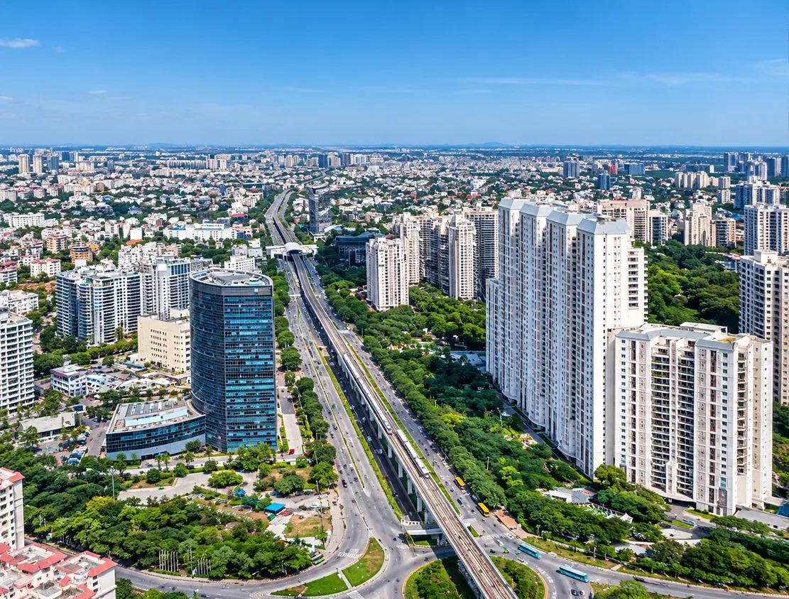 Aerial view of the Golf Course Road corridor in Gurgaon with the Rapid Metro viaduct running beside high-rise towers